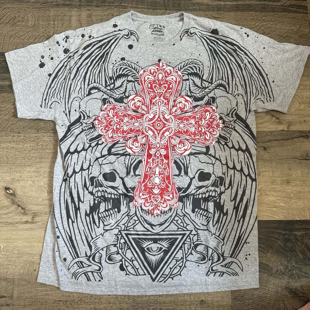 Call Your Mother Gothic Cross & Wings Graphic T-Shirt